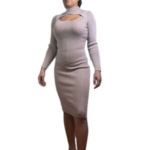 Say What?Beige Striped Ribbed Knit Sweater Dress,Fitted Midi with Cutout Detail